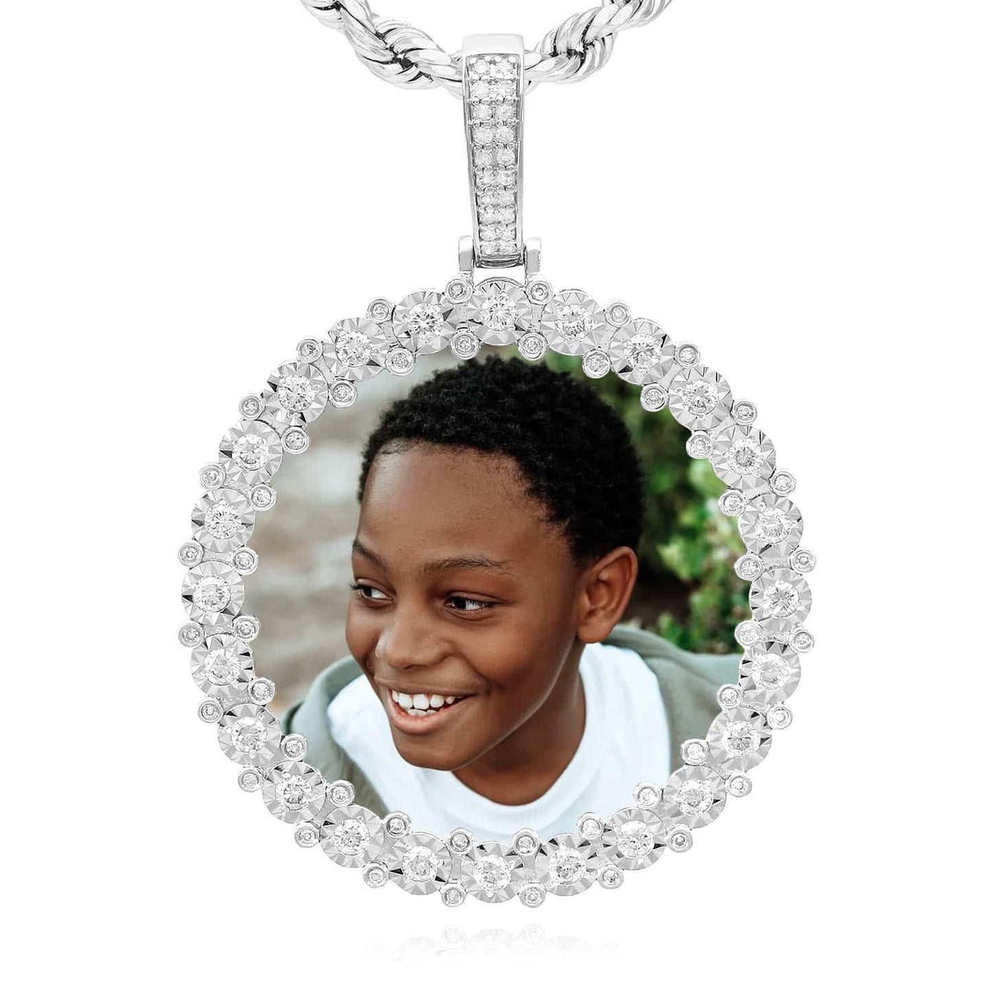 Real Diamond 10K White Gold Round Picture Frame Memory Pendant 1.4"-2"