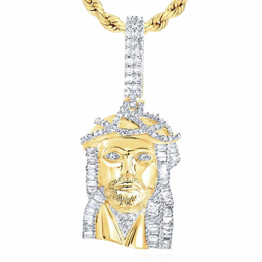 0.90CTW Natural Diamond 10K Yellow Gold Jesus Face Head Pendant 1"