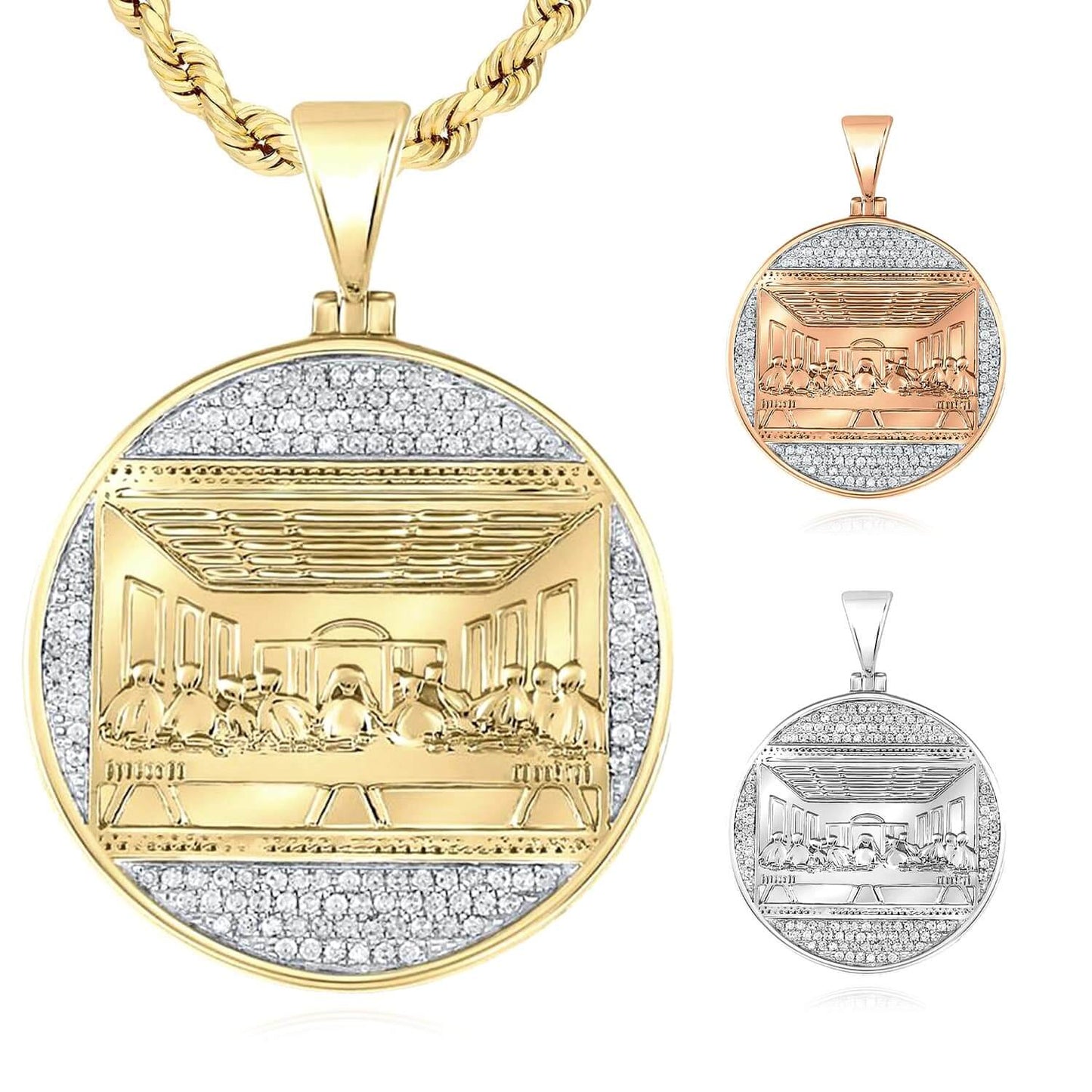 0.50CTW Real Diamond 10K Gold Round Religious Last Supper Pendant 1.6"