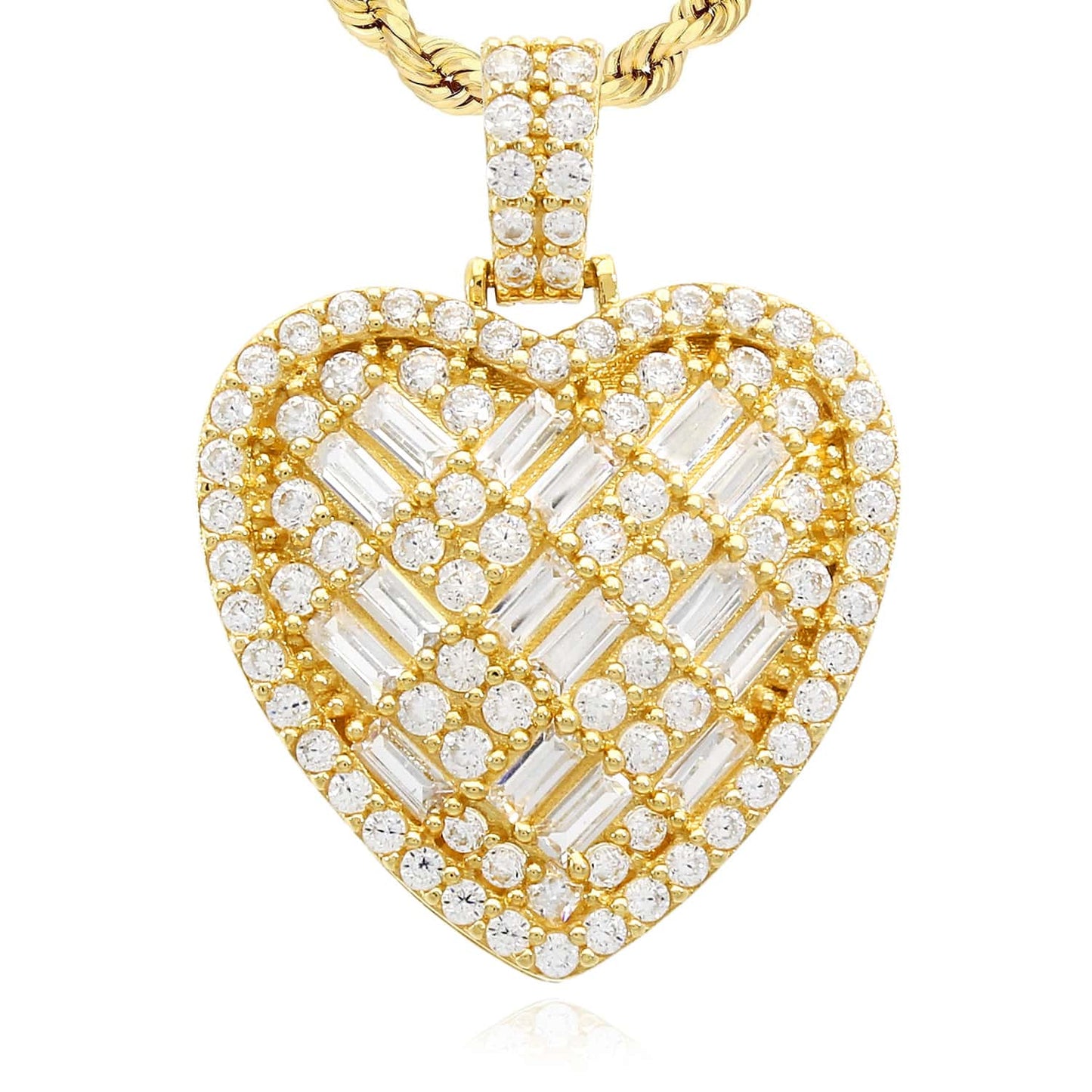 14K Yellow Gold CZ Round Baguette Pave Heart Pendant 1.1"