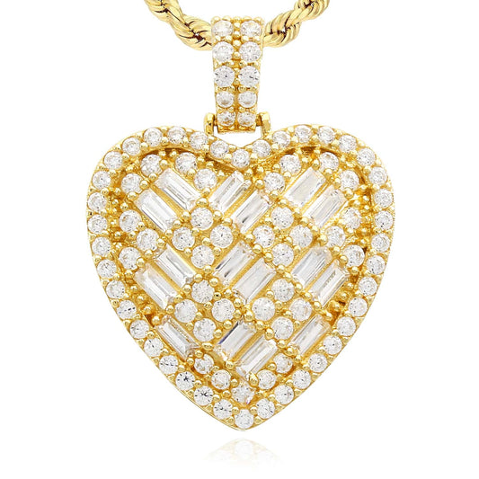 14K Yellow Gold CZ Round Baguette Pave Heart Pendant 1.1"