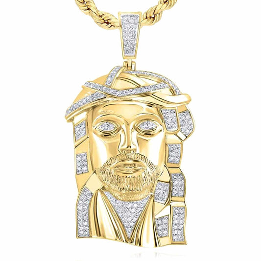 1.50CTW Natural Diamond 10K Yellow Gold Jesus Face Pendant 2.4"