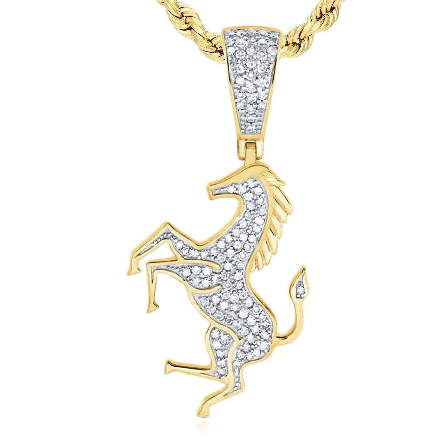 0.32CTW Real Diamond 10K Real Gold Pave Charm Rearing Horse Pendant 1.5"