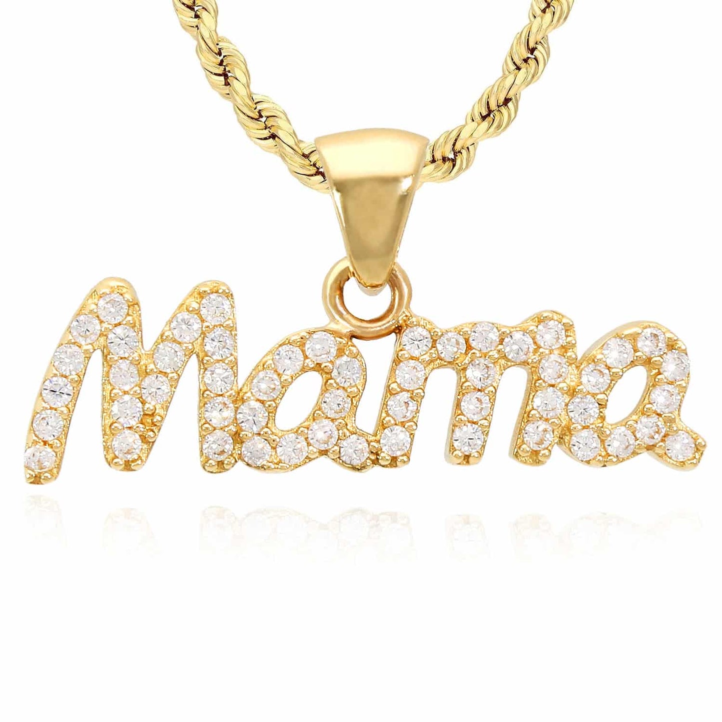 14K Yellow Gold CZ Mama Mother's Pendant 0.5"