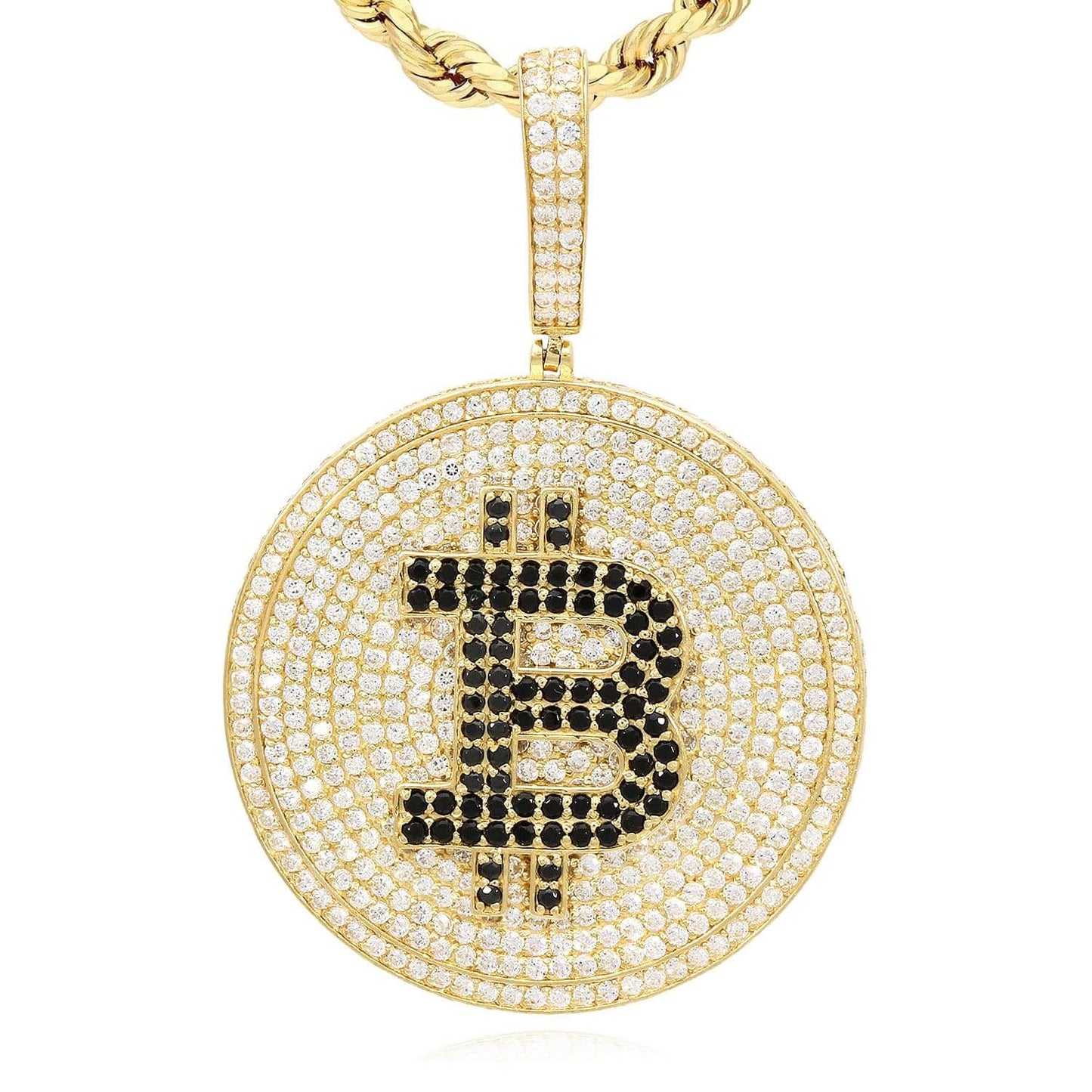 14K Yellow Gold CZ Black Pave Iced Bitcoin Pendant 2.1"