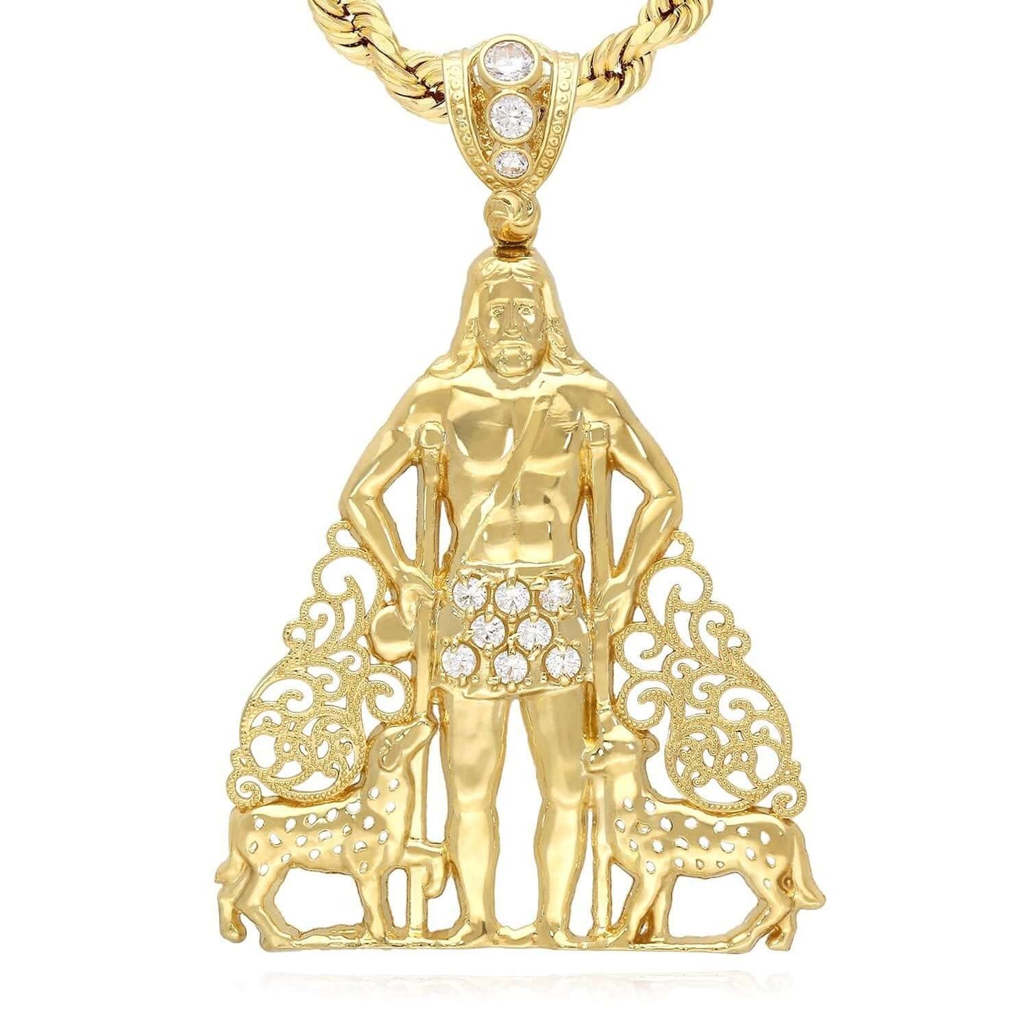 14K Gold CZ Religious Saint Lazaro Pendant 2"-2.7"