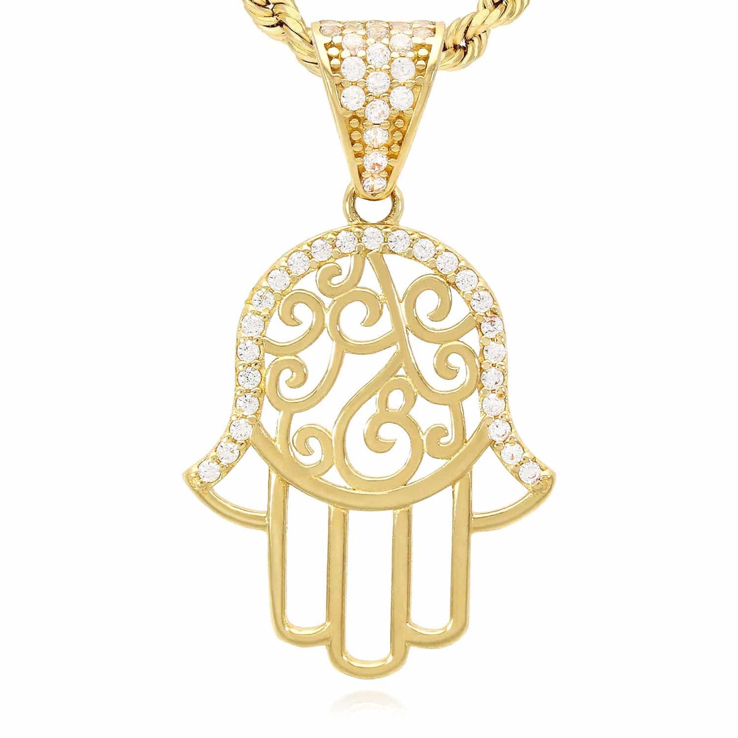 14K Yellow Gold CZ Cut-Out Hamsa Charm Pendant 1.2"