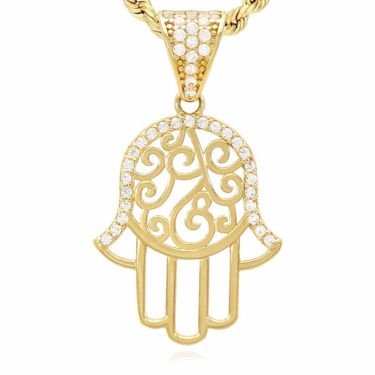 14K Yellow Gold CZ-Out Hamsa Pendant 1.2"