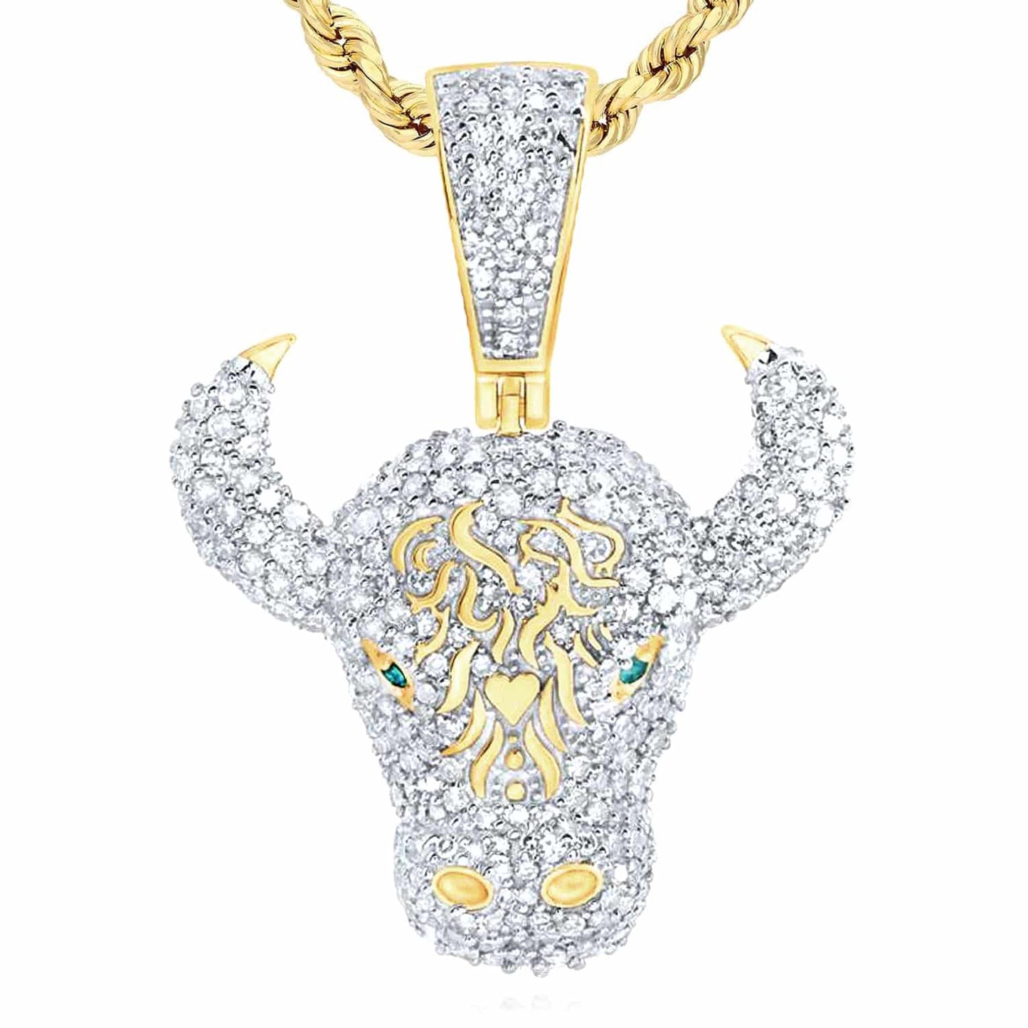 1.20CTW Real Diamond 10K Yellow Gold Bull Head Face Charm Pendant 1.2"