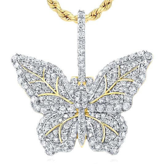 1.60CTW Natural Diamond 10K Yellow Gold Pave Butterfly Pendant 1.2"