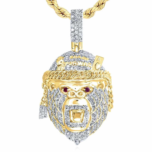0.95CTW Natural Diamond 10K Yellow Gold Monkey Gorilla Head Face Pendant 1.6"