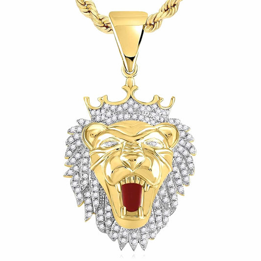 1.15CTW Natural Diamond 10K Yellow Gold Lion Face Red Mouth Head Pendant 1.7"