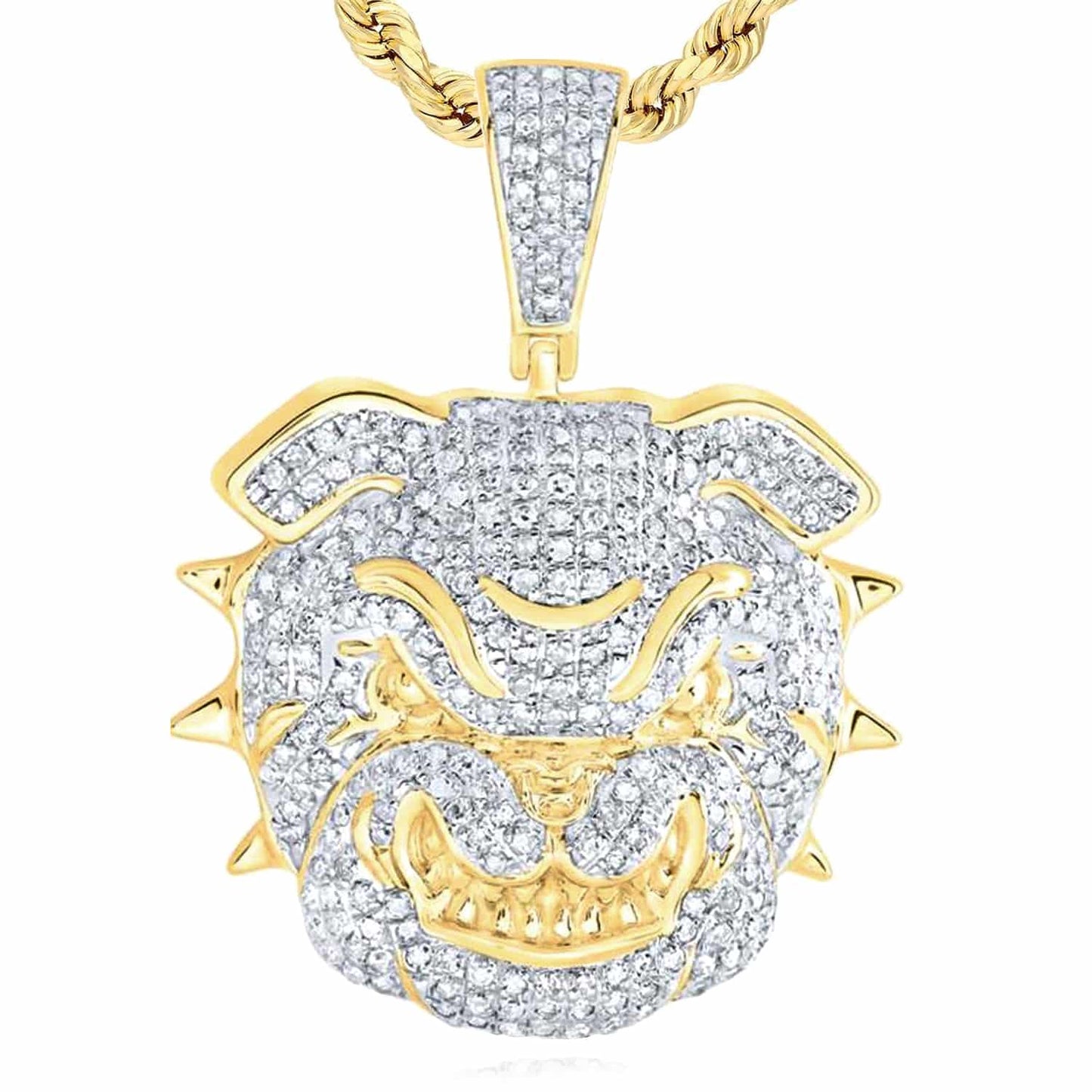 1.10CTW Real Diamond 10K Yellow Gold Bulldog Head Face Charm Pendant 1.5"