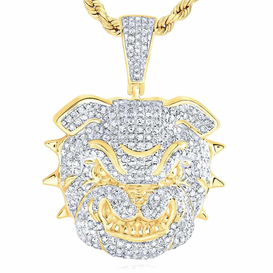 1.10CTW Natural Diamond 10K Yellow Gold Bulldog Head Face Pendant 1.5"