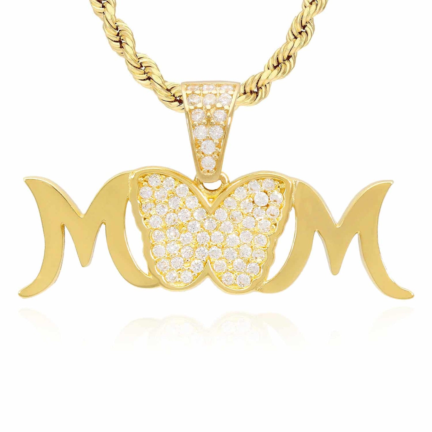 14K Yellow Gold CZ Butterfly MOM Pendant 0.6"
