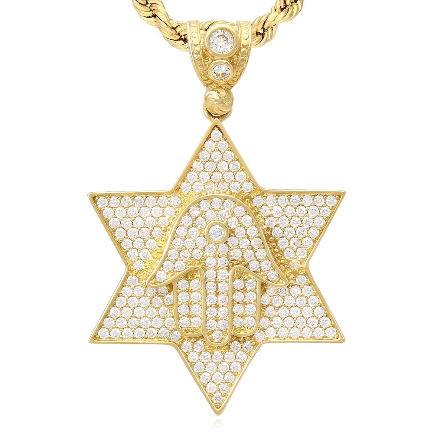 14K Yellow Gold CZ Pave Star David Hamsa Hand Charm Pendant 1.8"