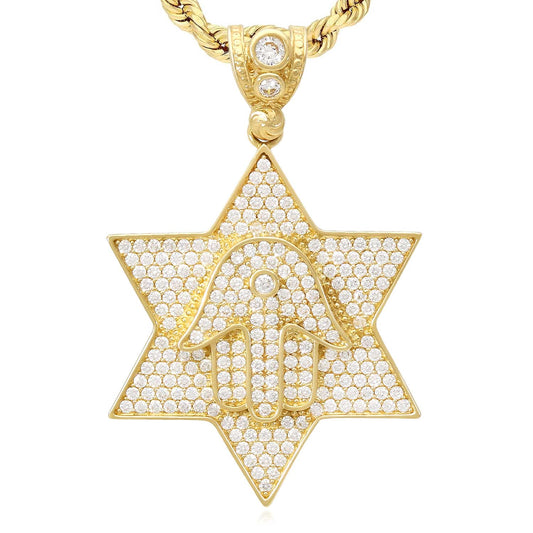 14K Yellow Gold CZ Pave Star David Hamsa Hand Pendant 1.8"