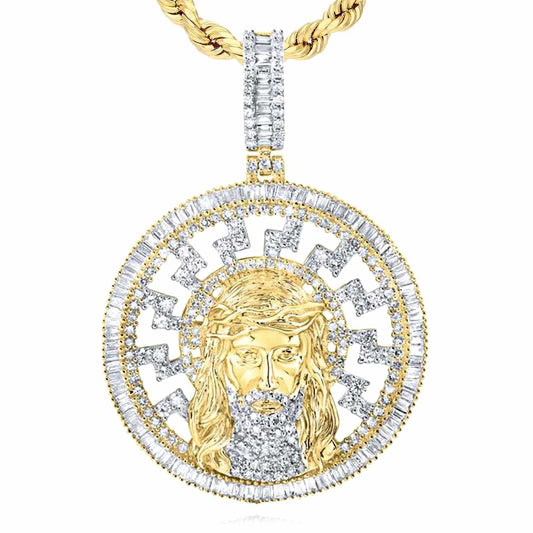 2.78CTW Natural Diamond 10K Yellow Gold Baguette Round Jesus Head Pendant 1.7"