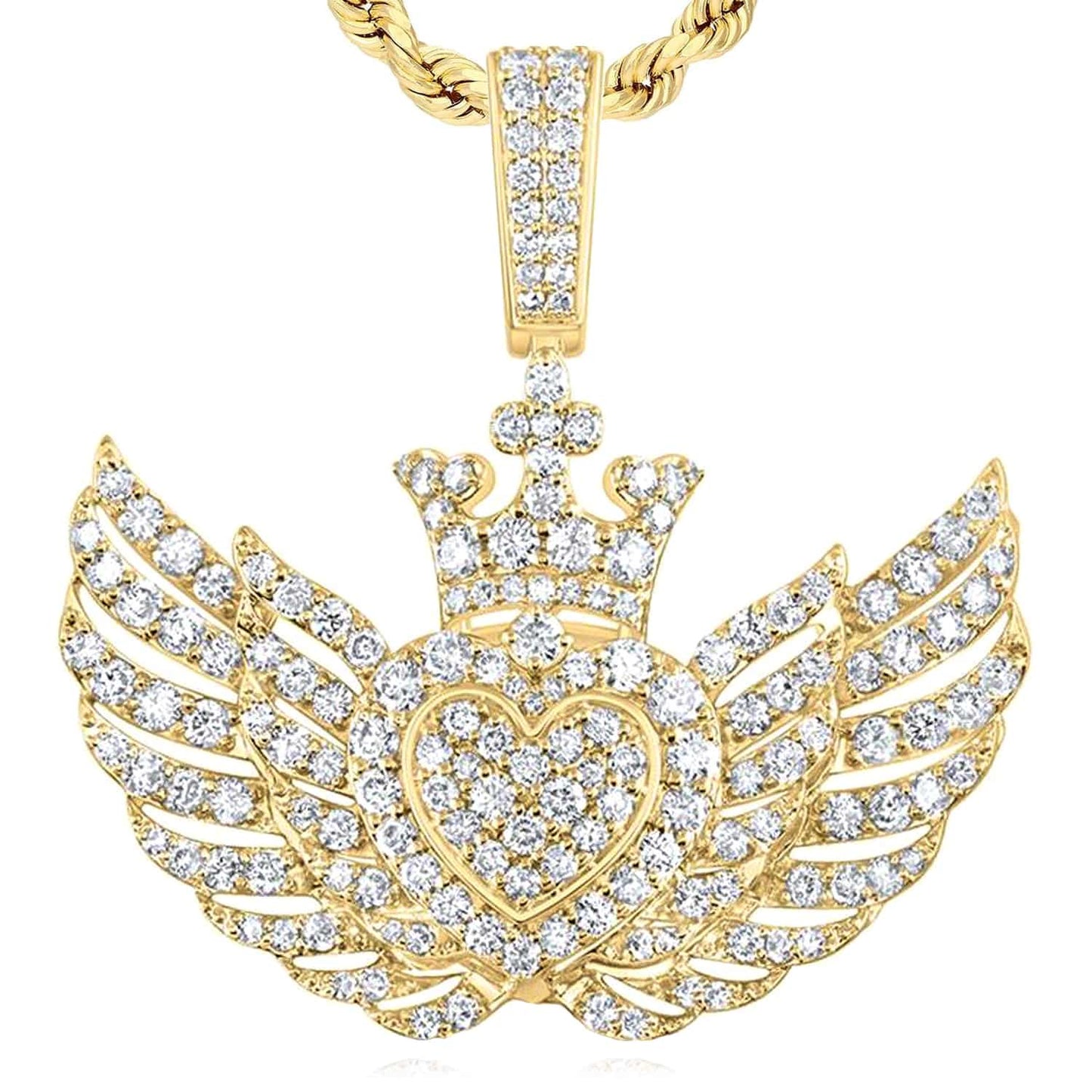 2.35CTW Real Diamond 10K Yellow Gold Heart Wings Crown Pendant 1.5"