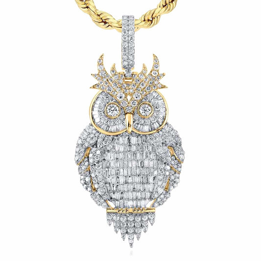 4CTW Natural Diamond 10K Yellow Gold Baguette Owl Pendant 2.2"
