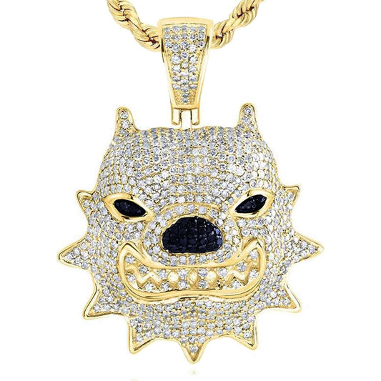2.35CTW Natural Diamond 10K Yellow Gold Frenchie Bulldog Face Pendant 1.6"