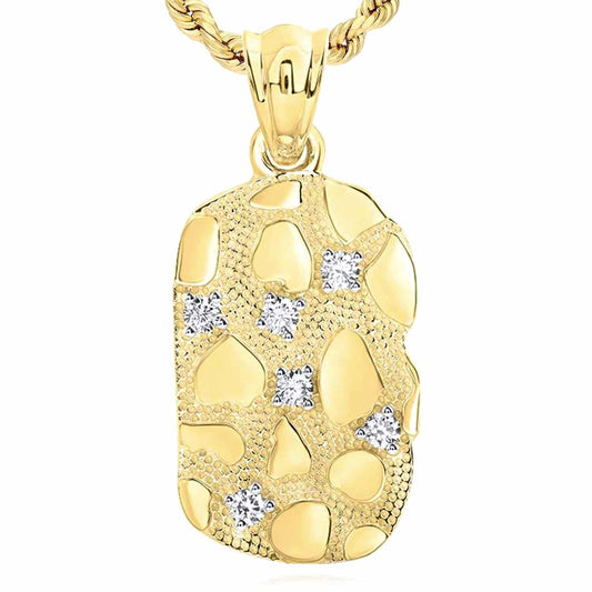 0.60CTW Natural Diamond 10K Yellow Gold Nugget Dog Tag Pendant 1.9"