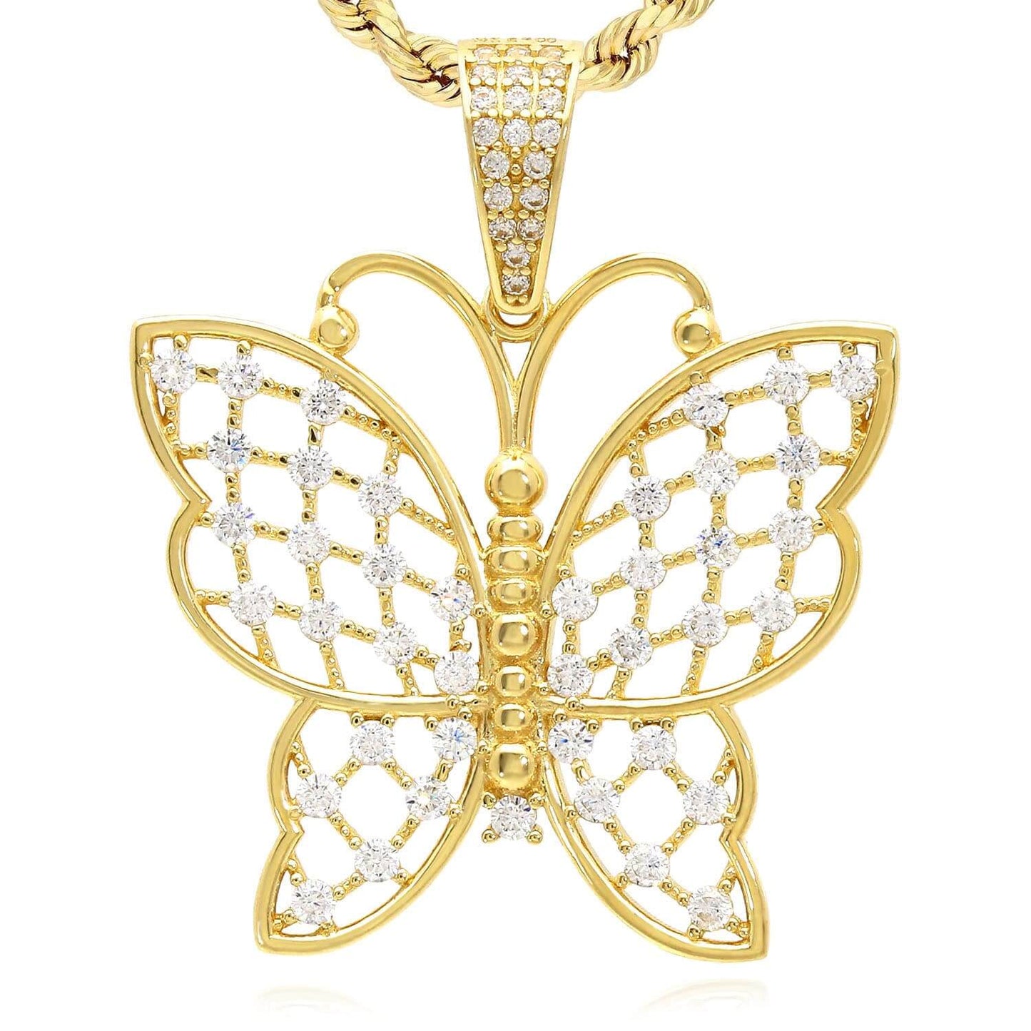 14K Yellow Gold CZ Butterfly Charm Pendant 1.4"