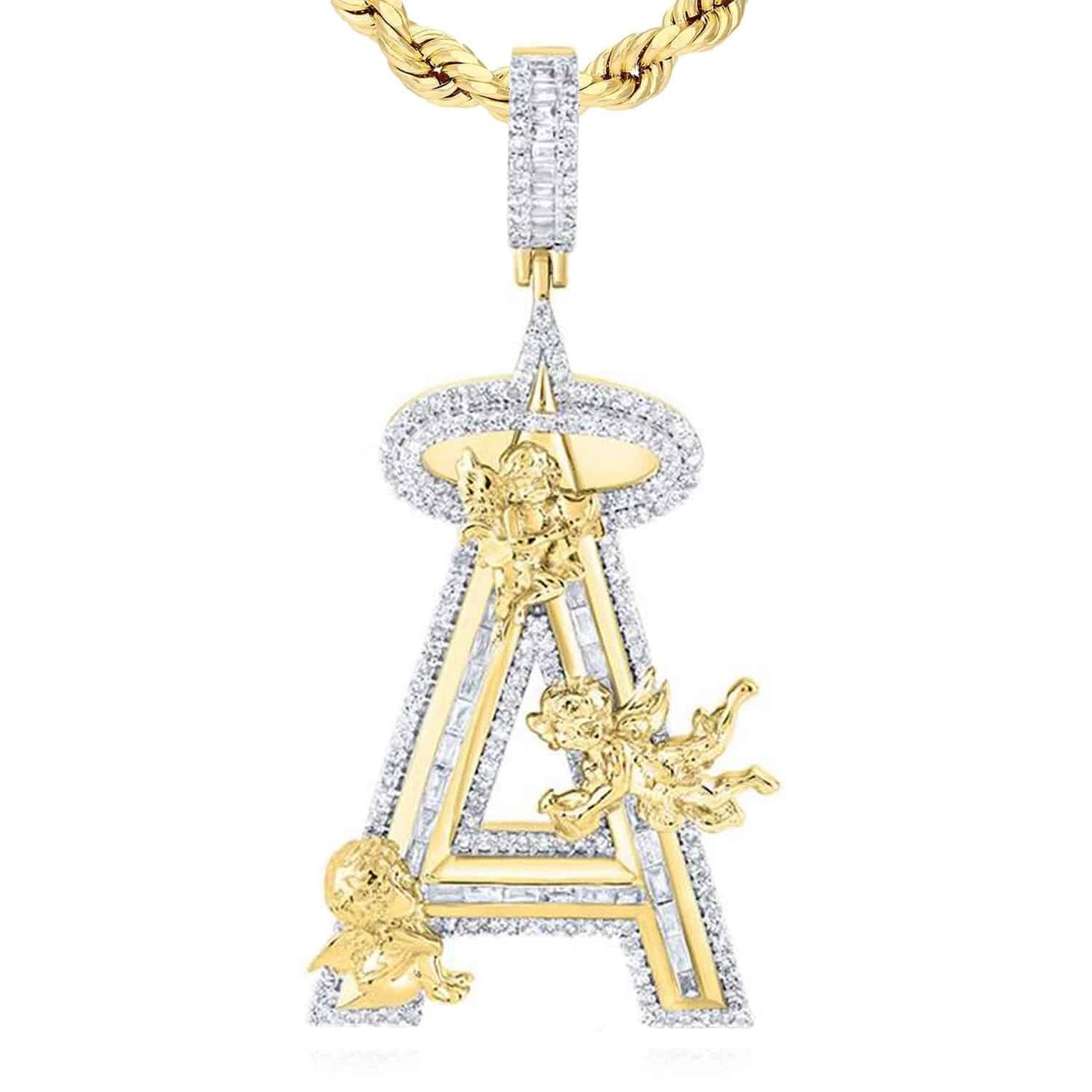 1.20CTW Natural Diamond 10K Yellow Gold Angels Letter Initial A Pendant 1.5"
