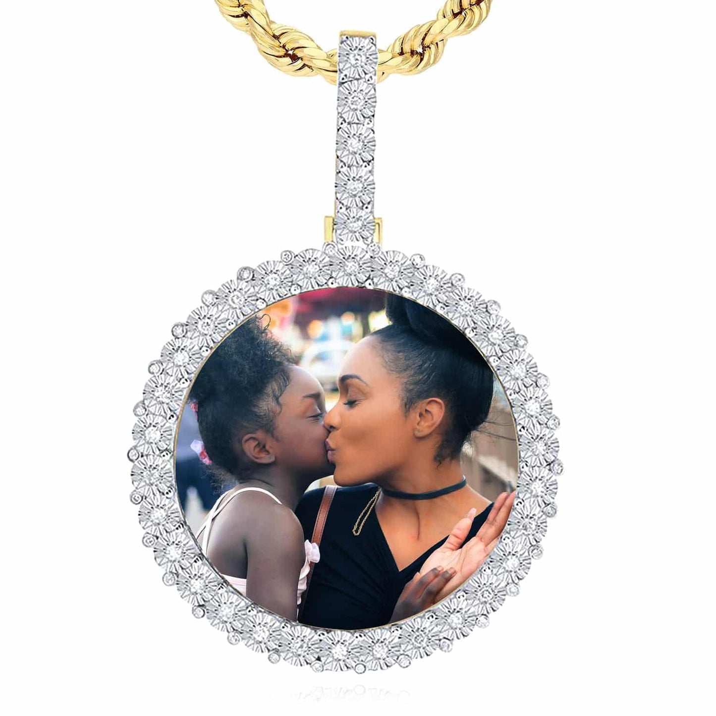 0.65CTW Real Diamond 10K Yellow Gold Picture Photo Memory Round Pendant 1.8"