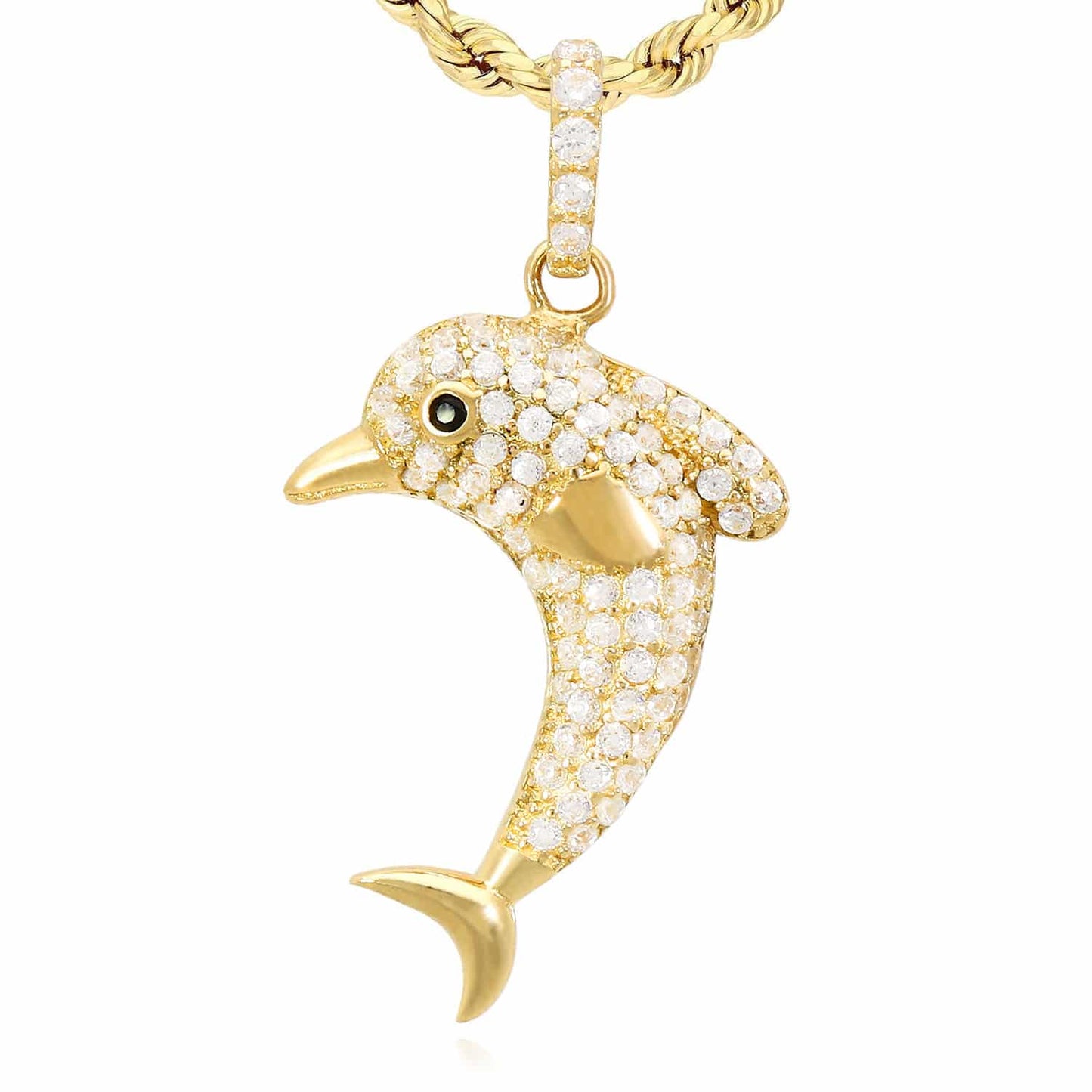 14K Yellow Gold CZ Pave Dolphin Charm Pendant 1.2"