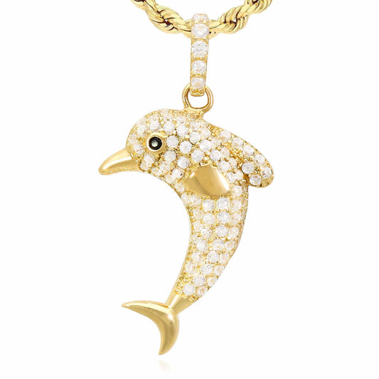 14K Yellow Gold CZ Pave Dolphin Pendant 1.2"