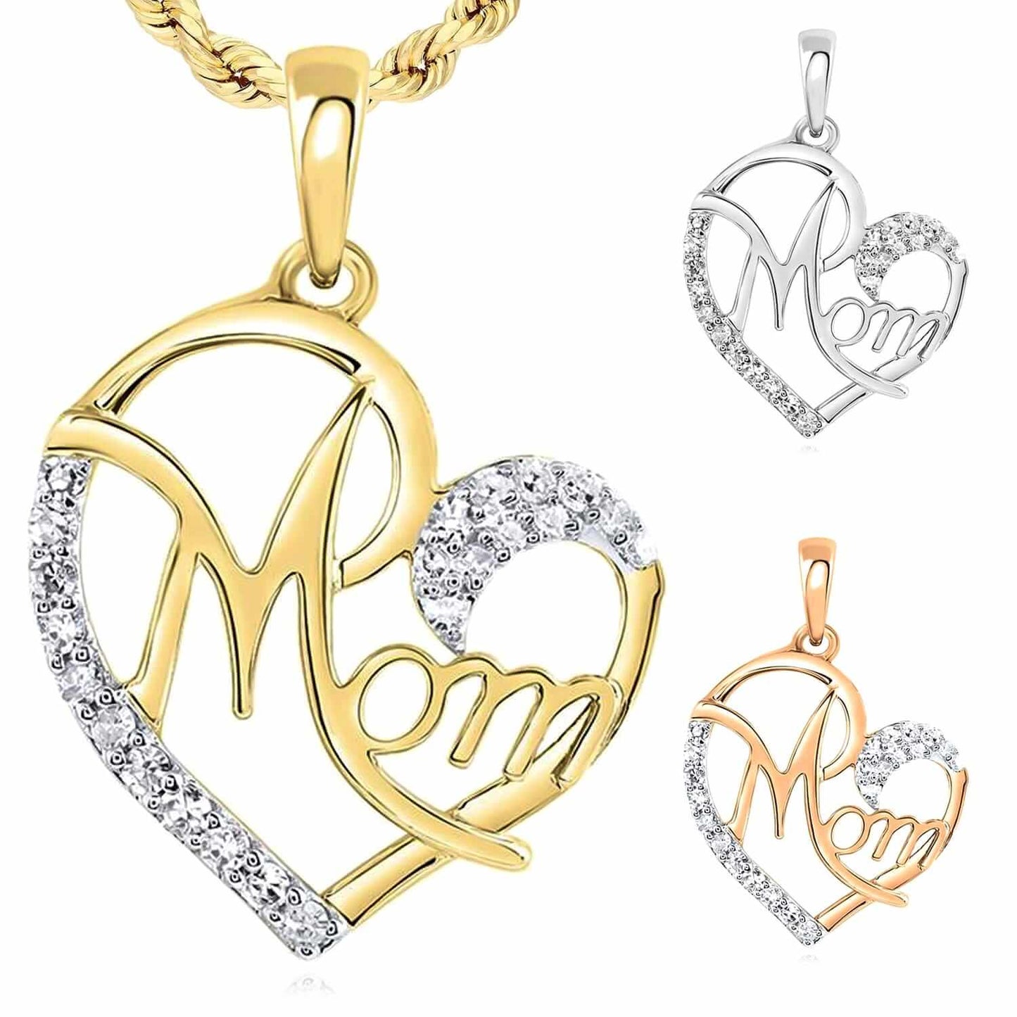 0.13CTW Real Diamond 10K Gold Yellow White Rose Open Heart Mom Pendant 0.85"