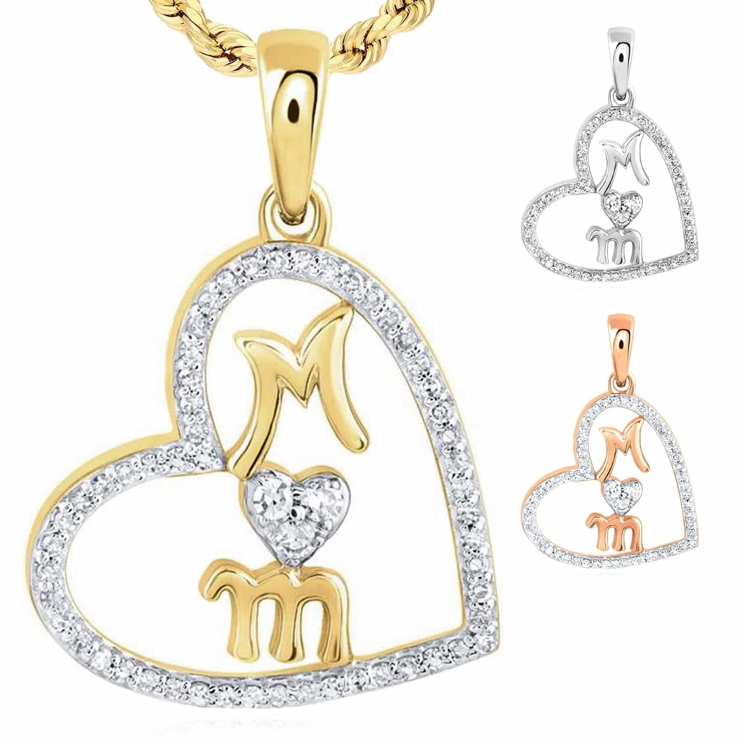 0.15CTW Real Diamond 10K Gold Yellow White Rose Open Heart Mom Pendant 0.9"