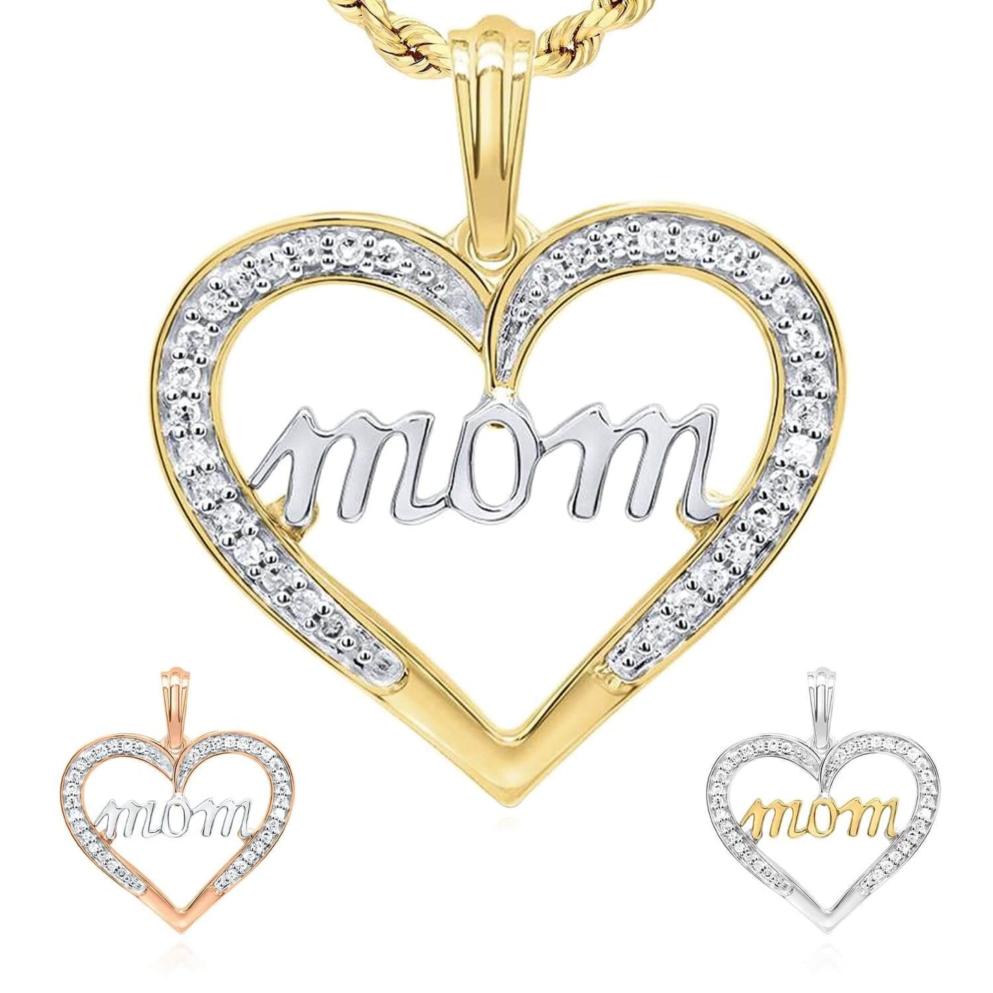 0.15CTW Real Diamond 10K Yellow White Rose Gold Open Heart Mom Pendant 0.8"