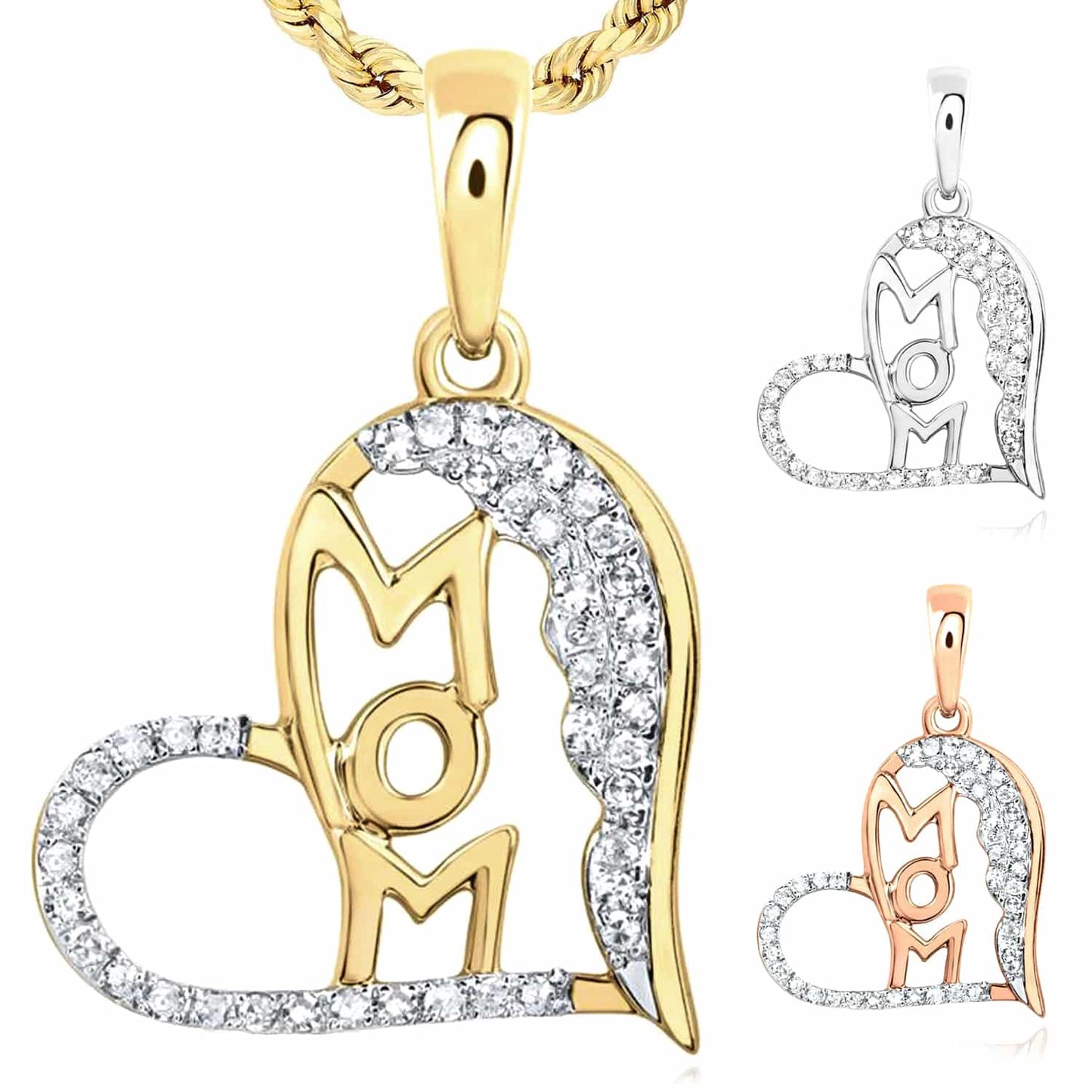 0.21CTW Real Diamond 10K Gold Yellow White Rose Open Heart Mom Pendant