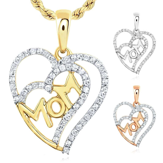 0.3CTW Natural Diamond 10K Gold Yellow White Rose Double Heart MOM Pendant 0.85"