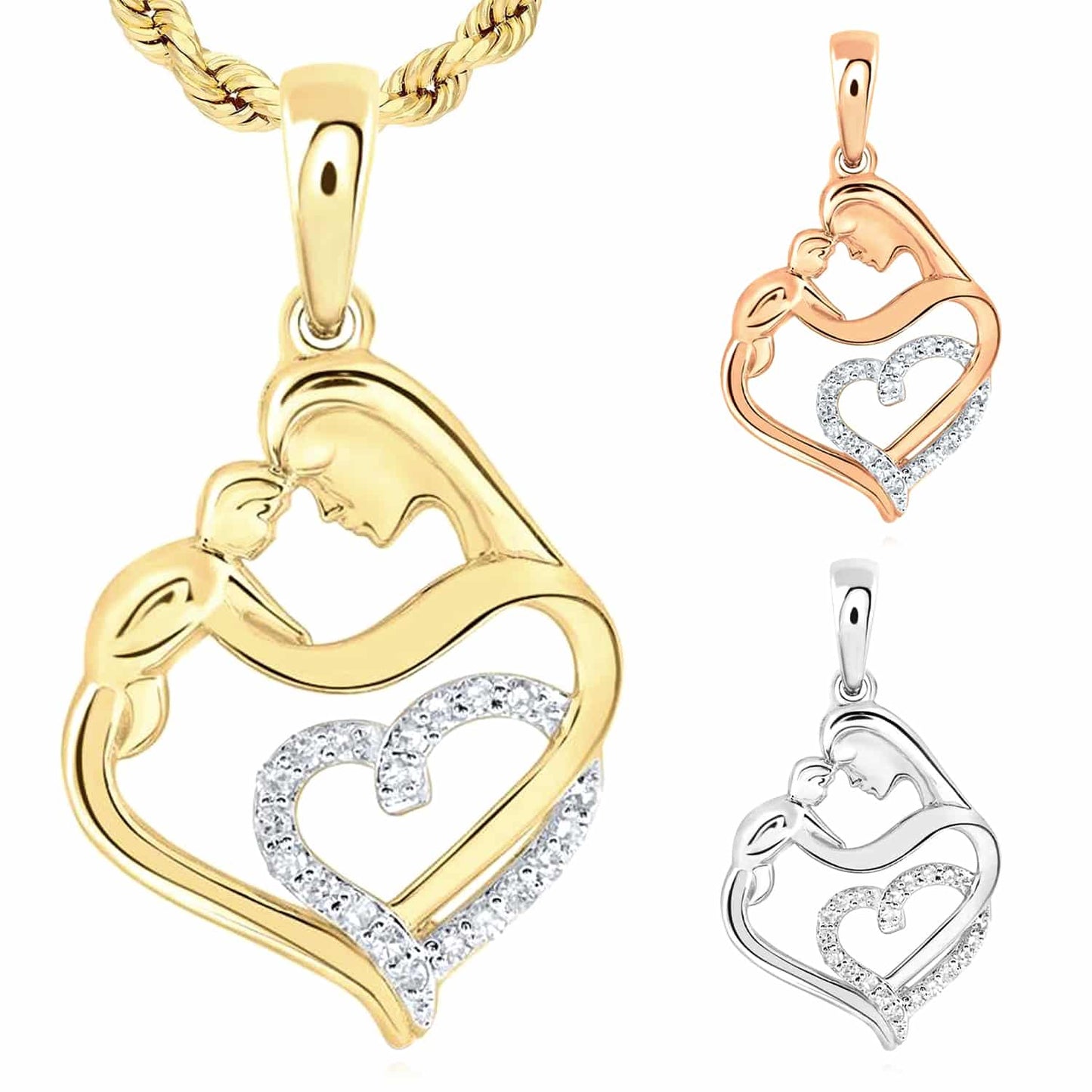 0.10CTW Real Diamond 10k Gold Yellow White Rose Child Mother Heart Pendant