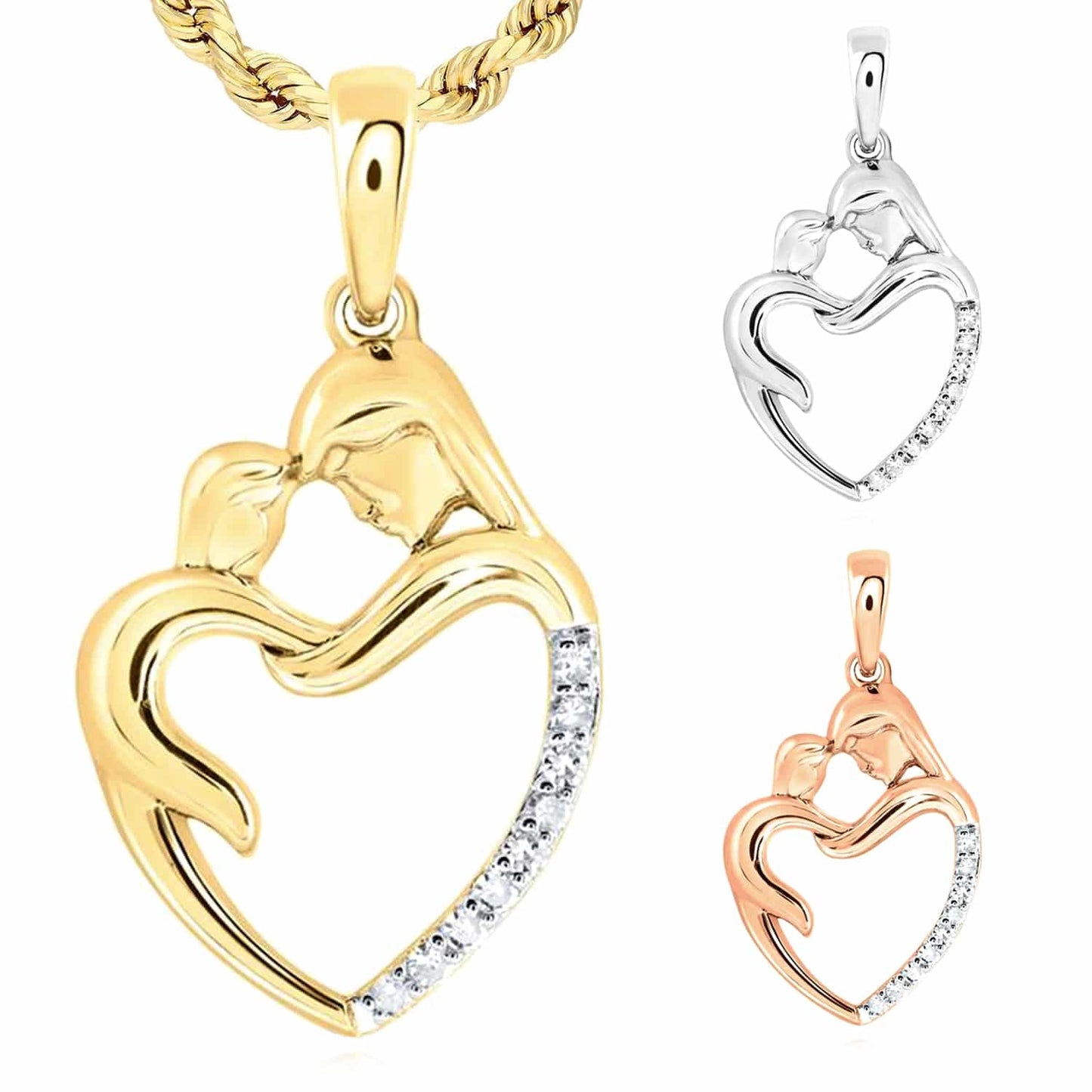 0.06CTW Real Diamond 10K Gold Yellow White Rose Child Mother Heart Pendant