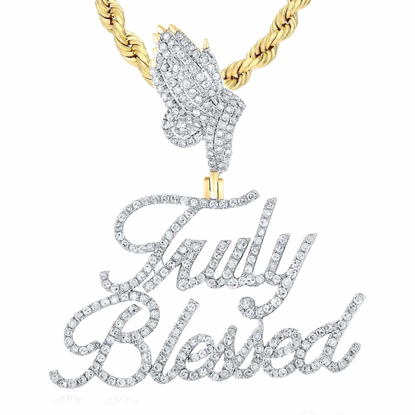 1CTW Real Diamond 10K Yellow Gold Praying Hands Truly Blessed Pendant 1.5"