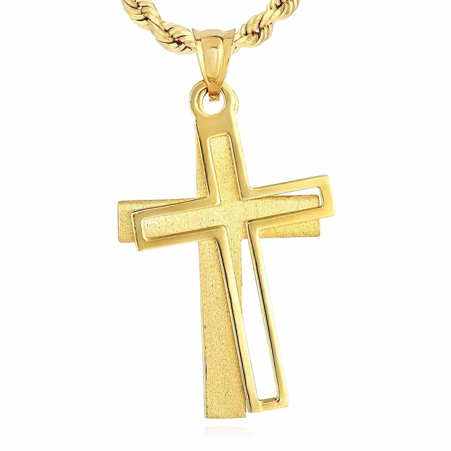 14K Gold Satin High Polished Double 3D Layer Cross Pendant 1.2"
