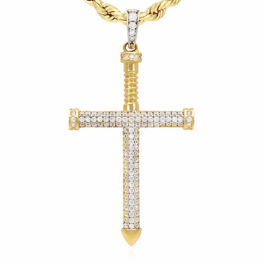 14K Yellow Gold CZ Pave Screw Nail Cross Pendant 2.1"
