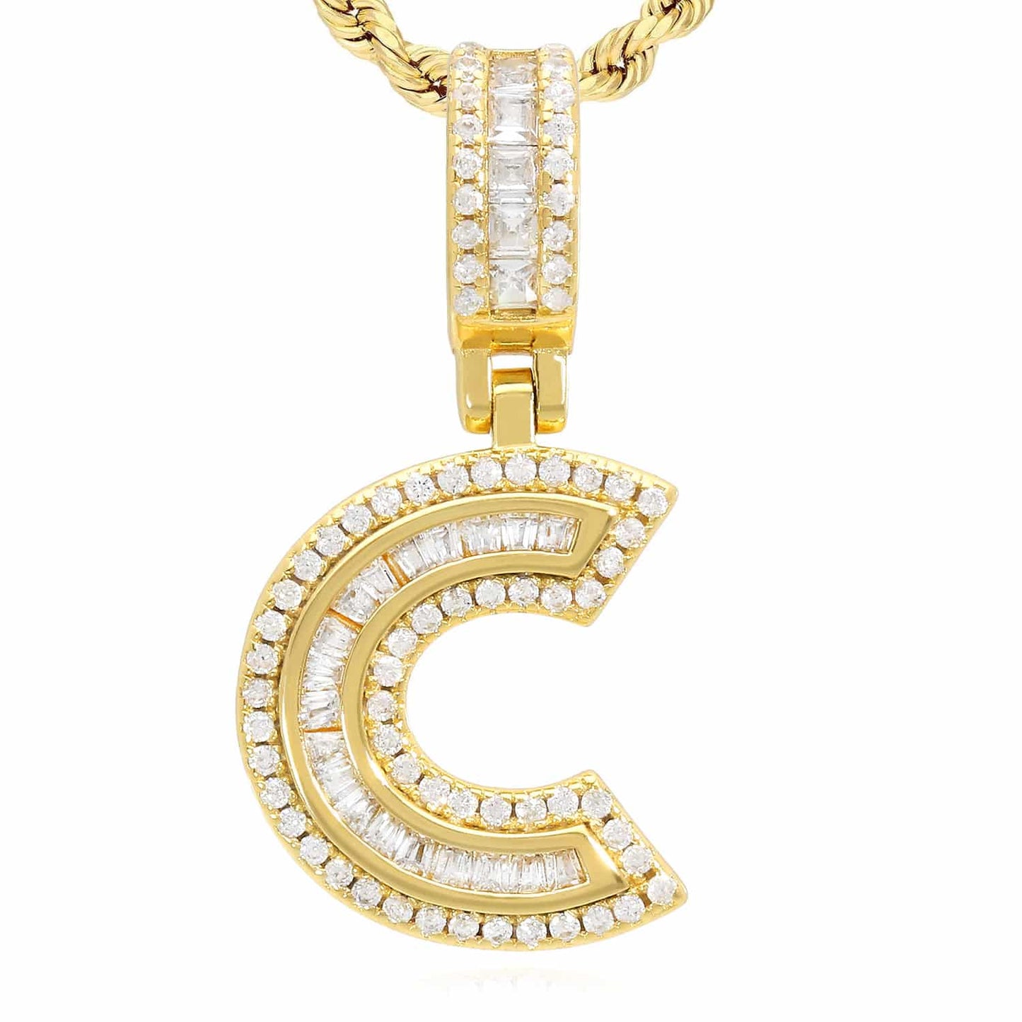 18K Yellow Gold Over Silver CZ Initial Letter Charm Pendant 1.2"
