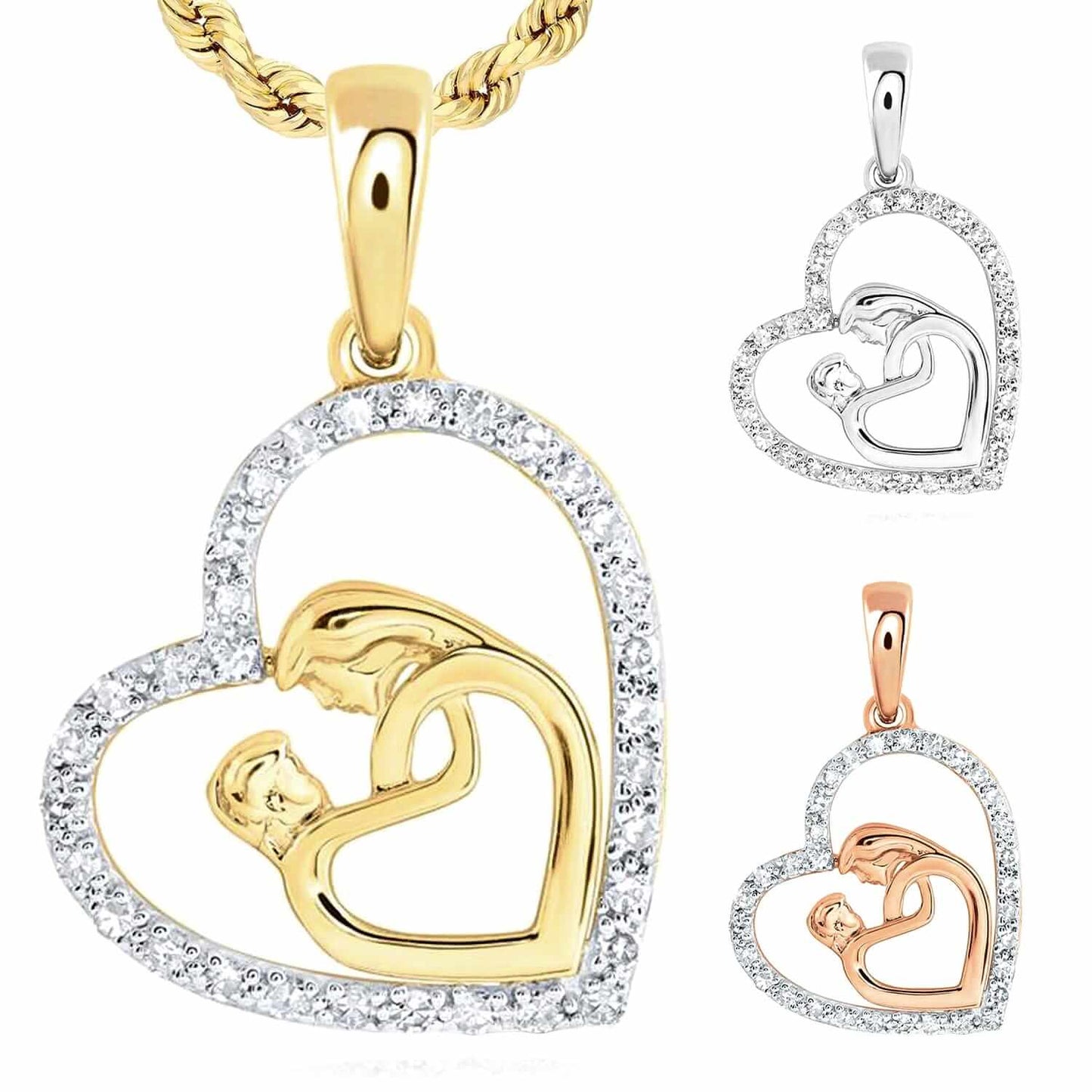 0.17CTW Real Diamond 10K Gold Yellow White Rose Mom Child Heart Pendant