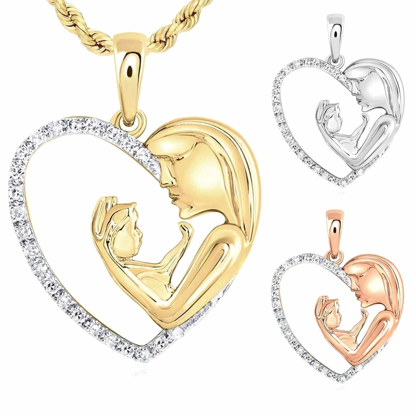 0.11CTW Real Diamond 10K Gold Yellow White Rose Mom Child Heart Pendant