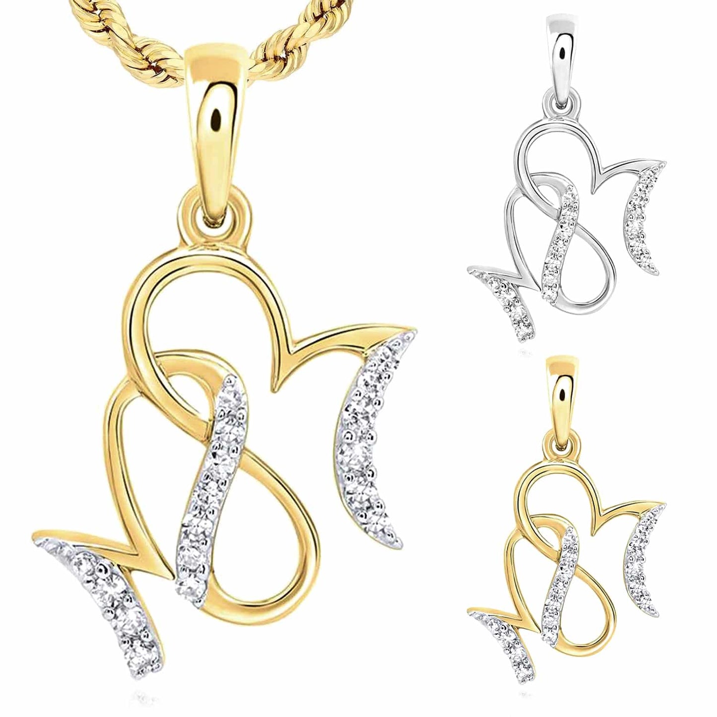 0.08CTW Real Diamond 10K Gold Yellow White Mom Heart Charm Pendant