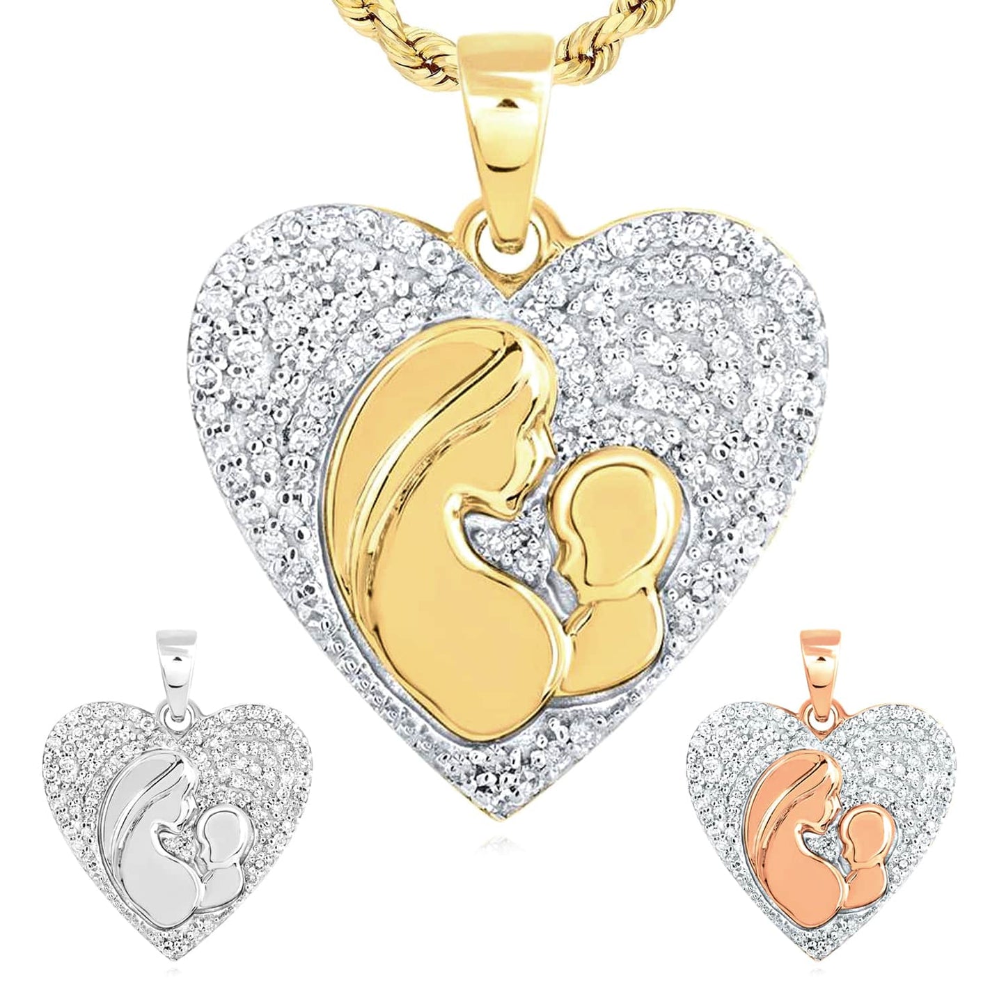 0.20CTW Real Diamond 10K Gold Yellow White Rose Mother Child Heart Pendant