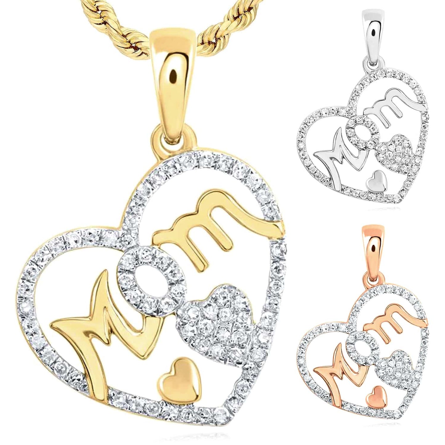 0.35CTW Real Diamond 10K Gold Yellow White Rose MOM Heart Pendant 0.87"