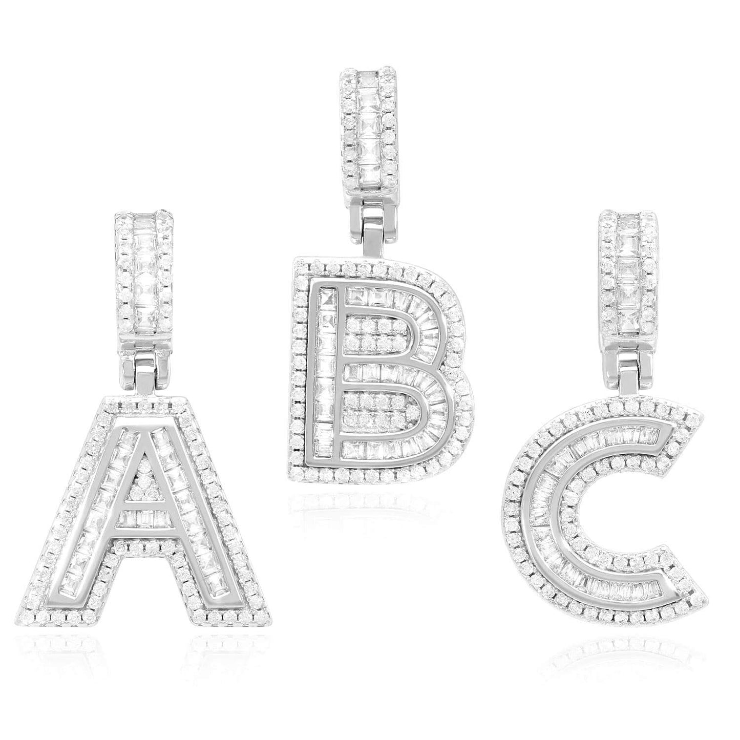 18K White Gold Over Silver CZ Initial Letter Charm Pendant 1.2"