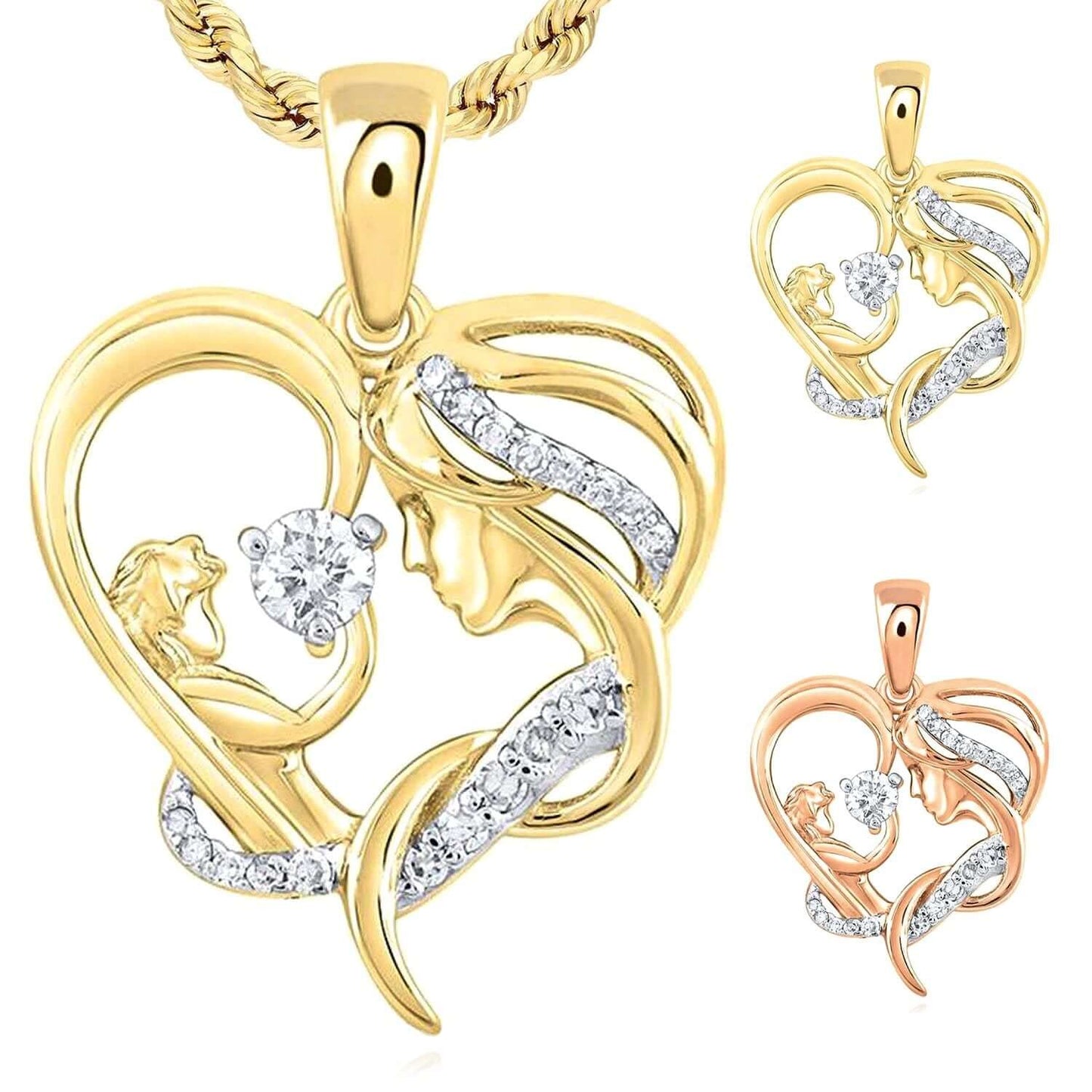 0.15CTW Real Diamond 10K Gold Yellow Rose Mother Child Pendant 0.86"