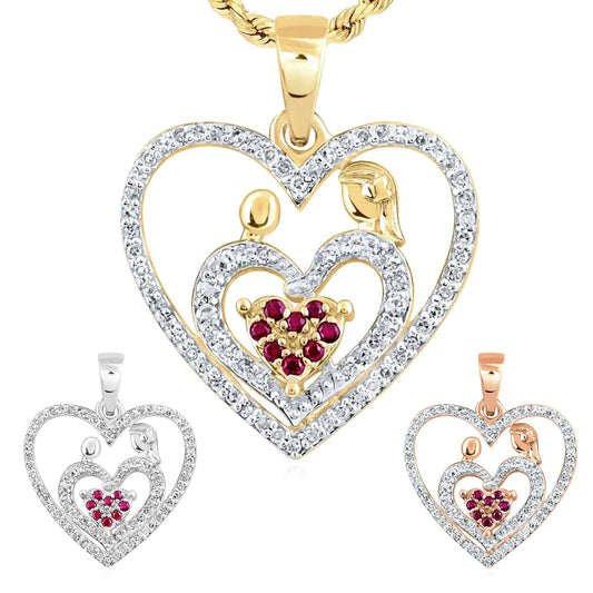 0.22CTW Natural Diamond 10K Gold Yellow White Rose Ruby Mother Kid Heart Pendant